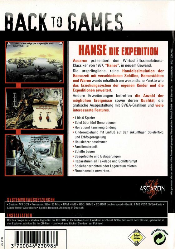 Back Cover for Hanse: Die Expedition (DOS) (Back to Games release)