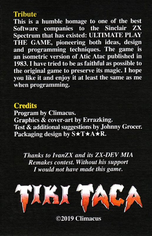 Inside Cover for Tiki Taca (ZX Spectrum)