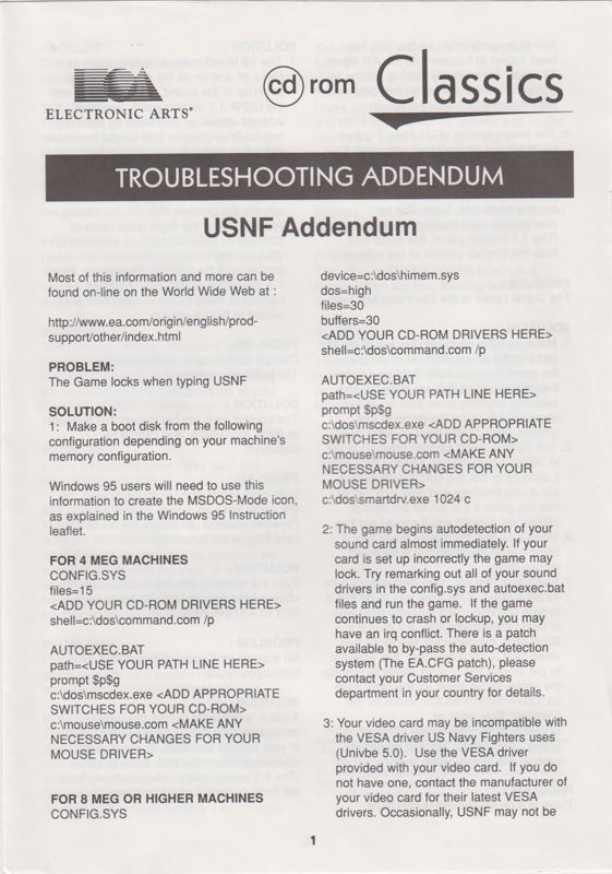 Extras for U.S. Navy Fighters (DOS) (EA CD-ROM Classics release - European English language version): Troubleshooting Addendum - Front