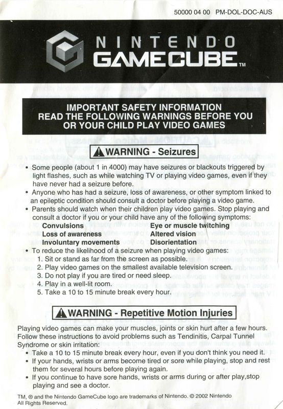 Extras for Pokémon Channel (GameCube): Health and safety insert
