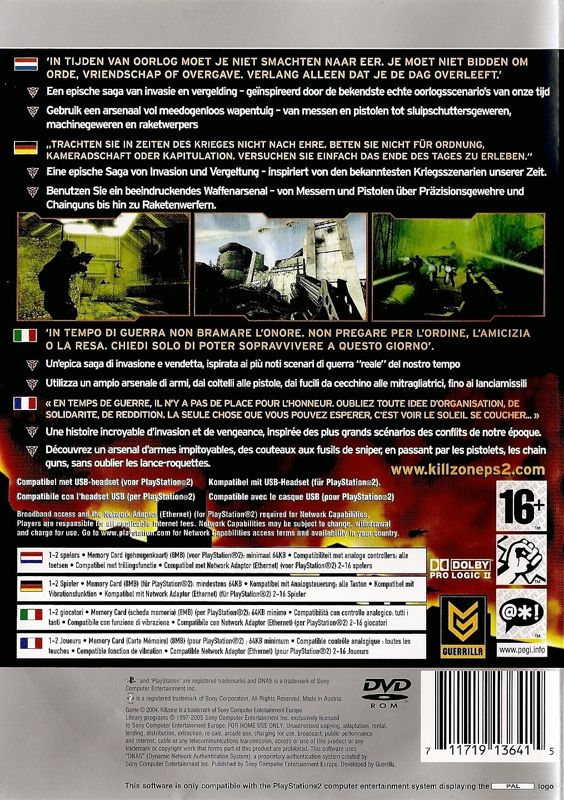 Back Cover for Killzone (PlayStation 2) (Platinum release)