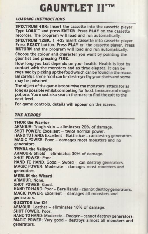 Inside Cover for Gauntlet II (ZX Spectrum)