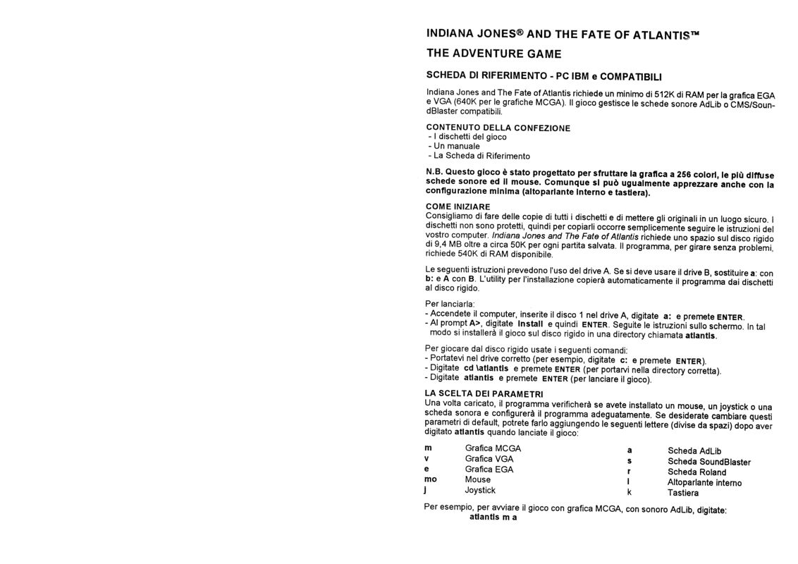 Reference Card for Indiana Jones and the Fate of Atlantis (DOS): Front