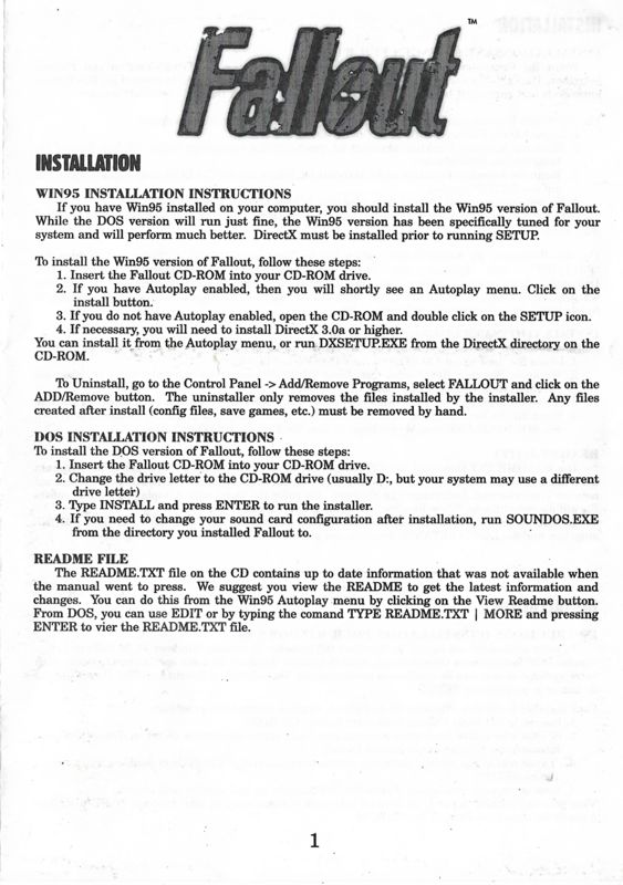 Extras for Fallout (DOS and Windows): Installation Guide Front