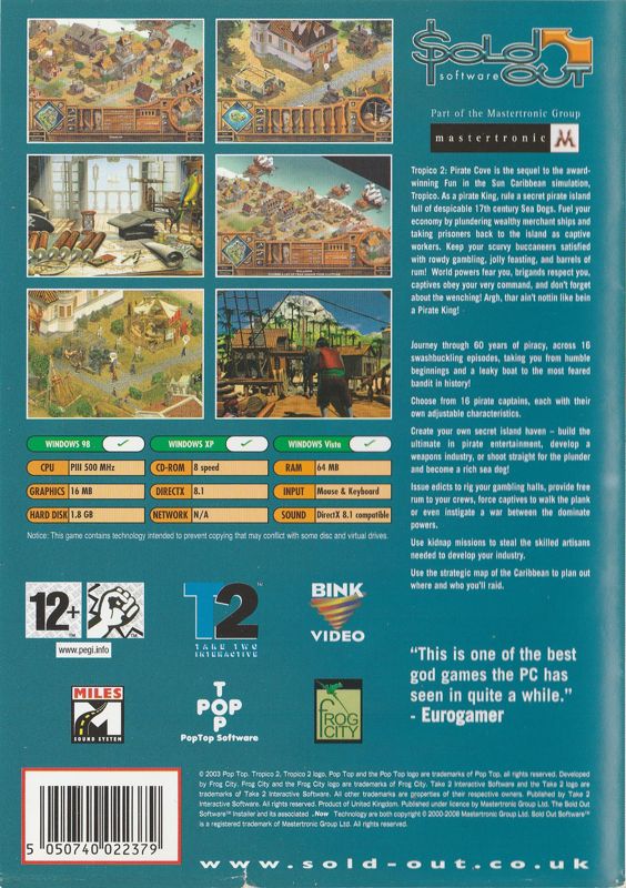 Back Cover for Tropico 2: Pirate Cove (Windows) (Sold Out Software release)