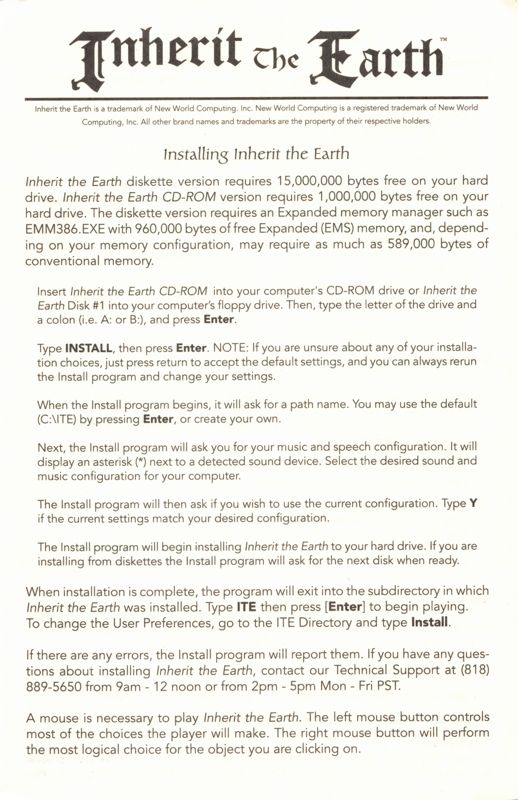 Reference Card for Inherit the Earth: Quest for the Orb (Macintosh): Front