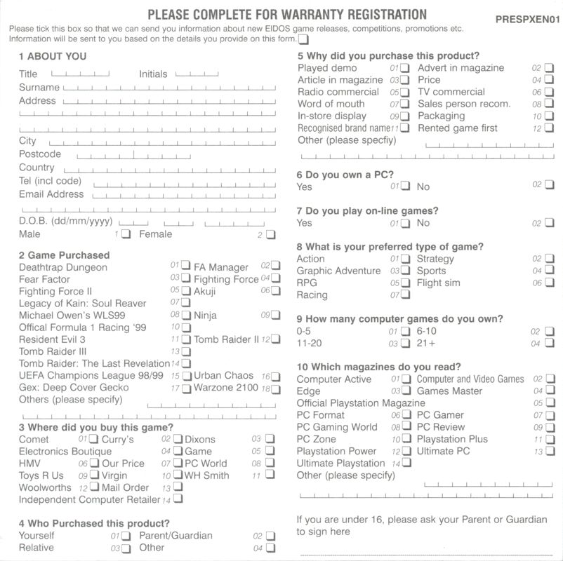 Extras for Resident Evil: Survivor (PlayStation): Registration Card - Back