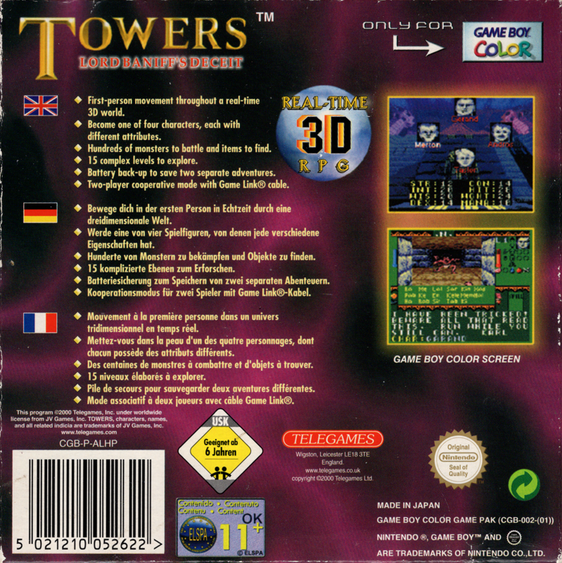 Back Cover for Towers: Lord Baniff's Deceit (Game Boy Color)