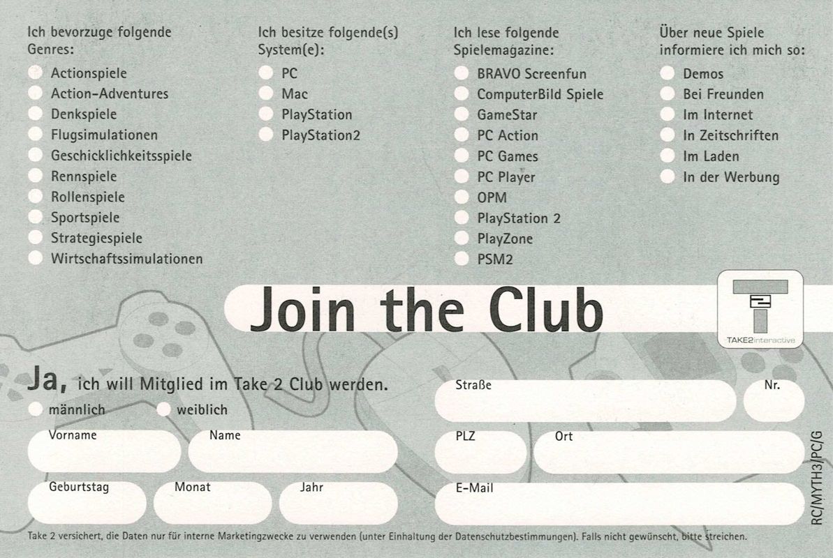 Extras for Myth III: The Wolf Age (Windows): Registration Card - Front