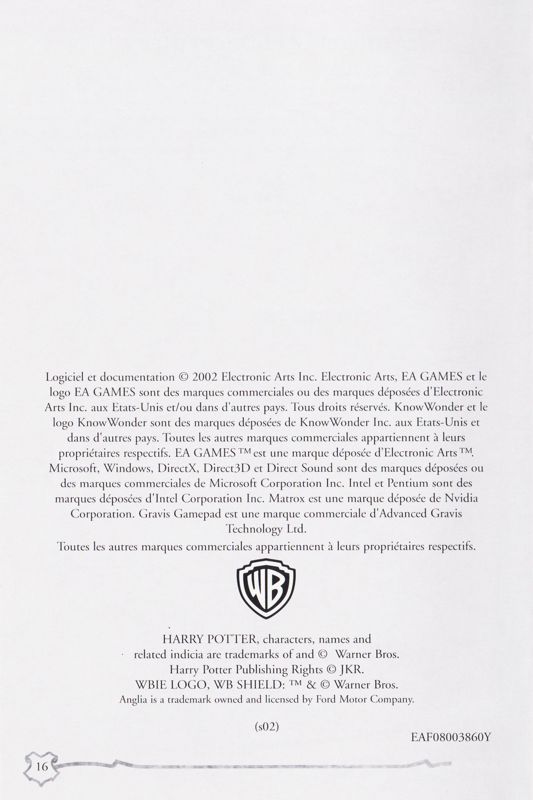Extras for Harry Potter and the Chamber of Secrets (Windows): Installation Guide - Back (16-page)