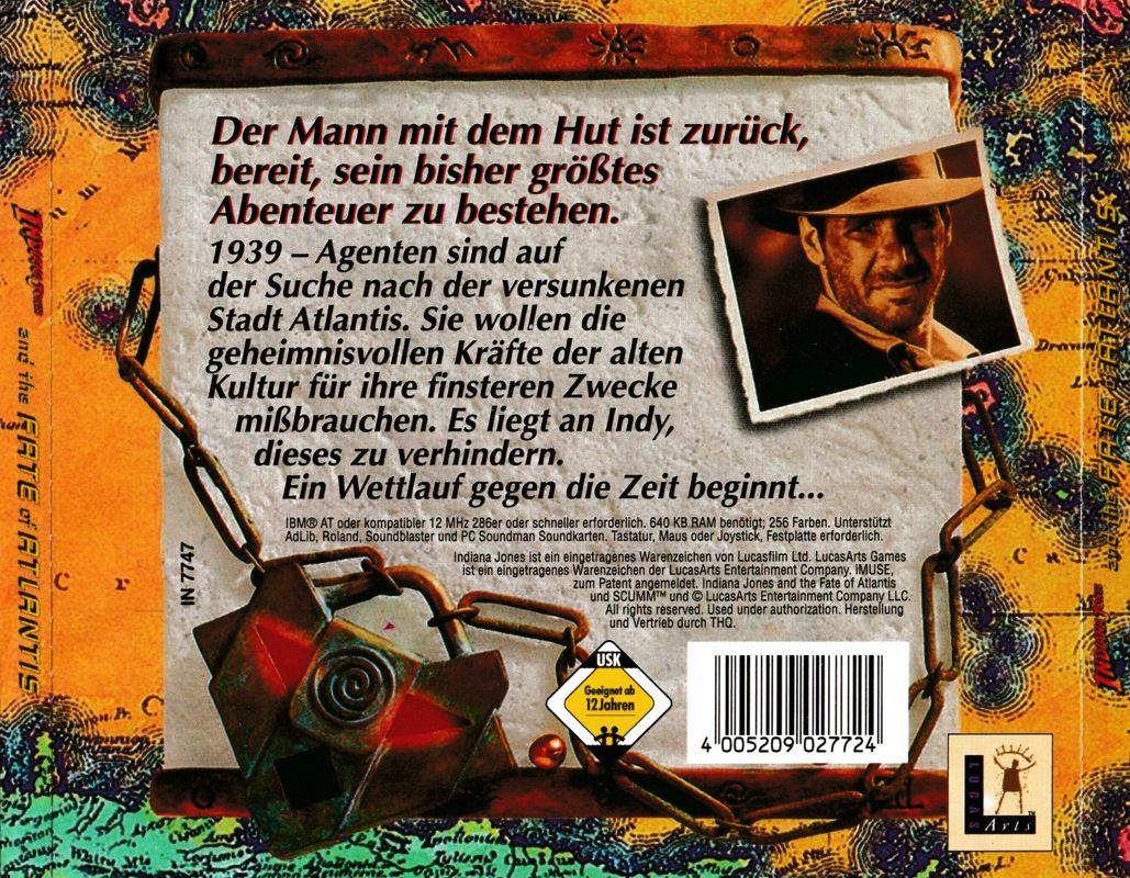 Back Cover for Indiana Jones and the Fate of Atlantis (DOS) ((CD-ROM version / alternative release) ): Full Back Cover
