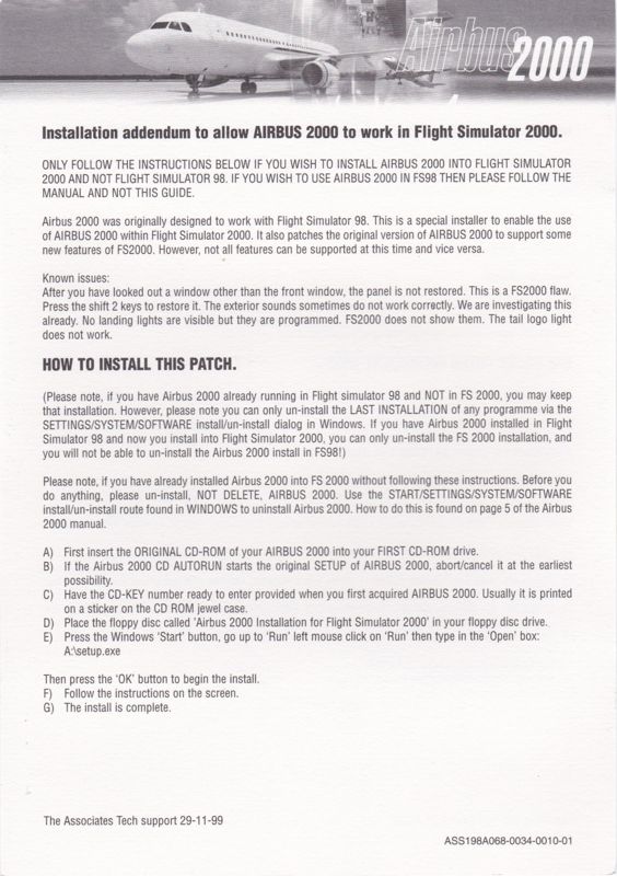 Extras for Airbus 2000 (Windows): Patch Instructions for Flight Simulator 2000: English