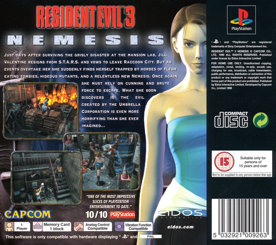 Back Cover for Resident Evil 3: Nemesis (PlayStation)