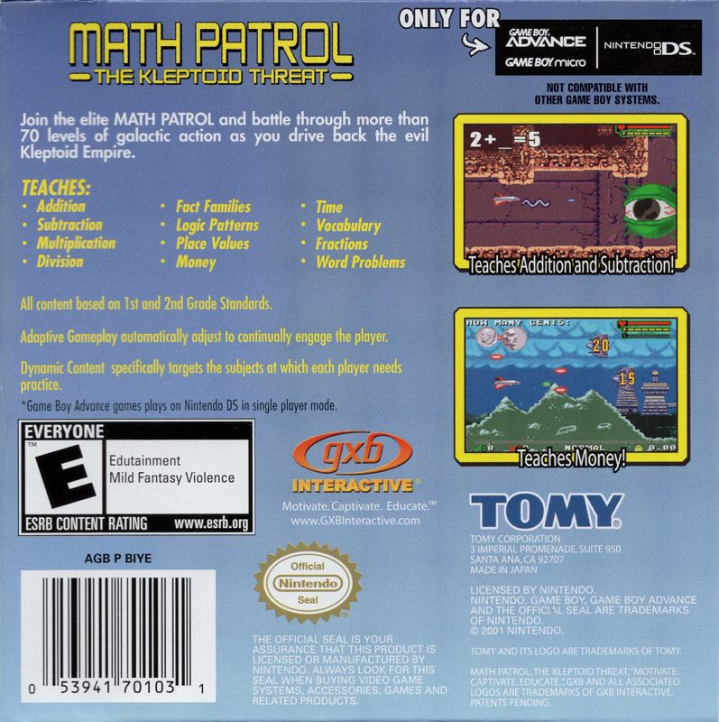 Back Cover for Math Patrol: The Kleptoid Threat (Game Boy Advance)