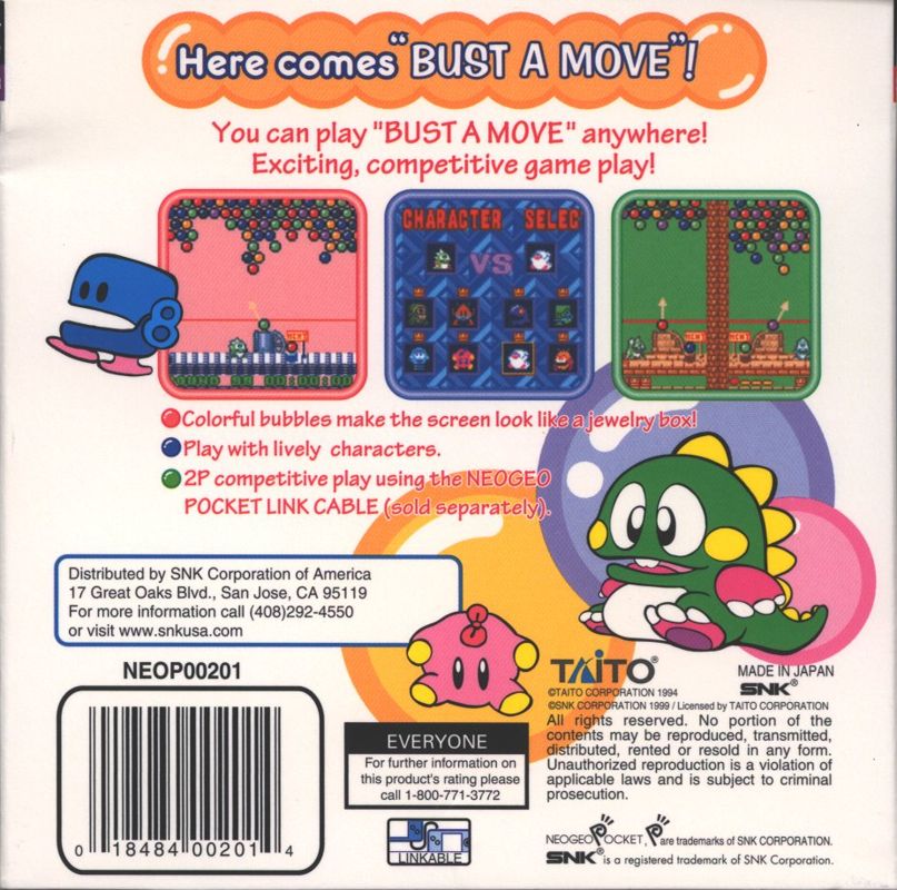 Back Cover for Bust-A-Move Pocket (Neo Geo Pocket Color)
