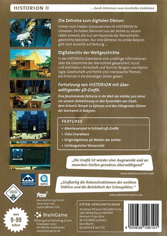 Back Cover for Historion: Babylons Fluch (Windows) (Clever Spielen release)