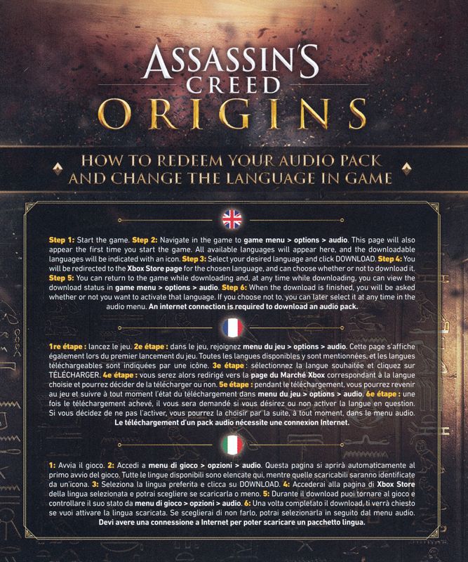 Other for Assassin's Creed: Origins (Xbox One): Audio Pack Redeem Flyer - Front