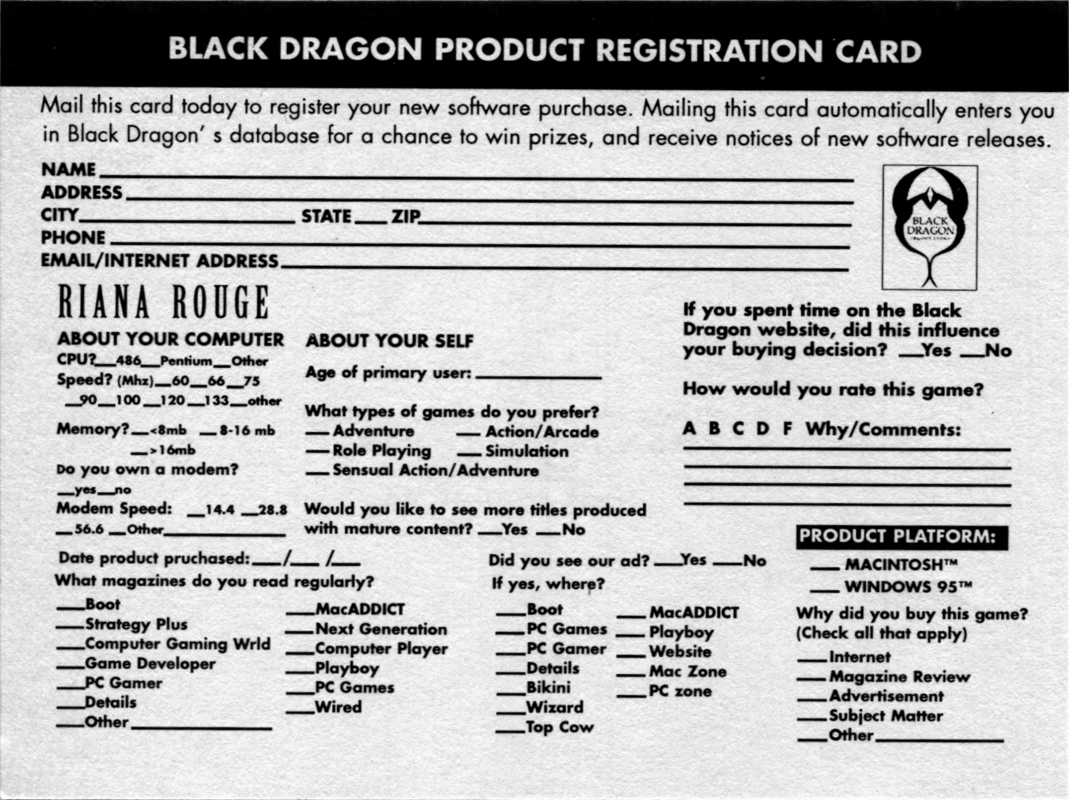 Extras for Riana Rouge (Windows): Registration Card - Back