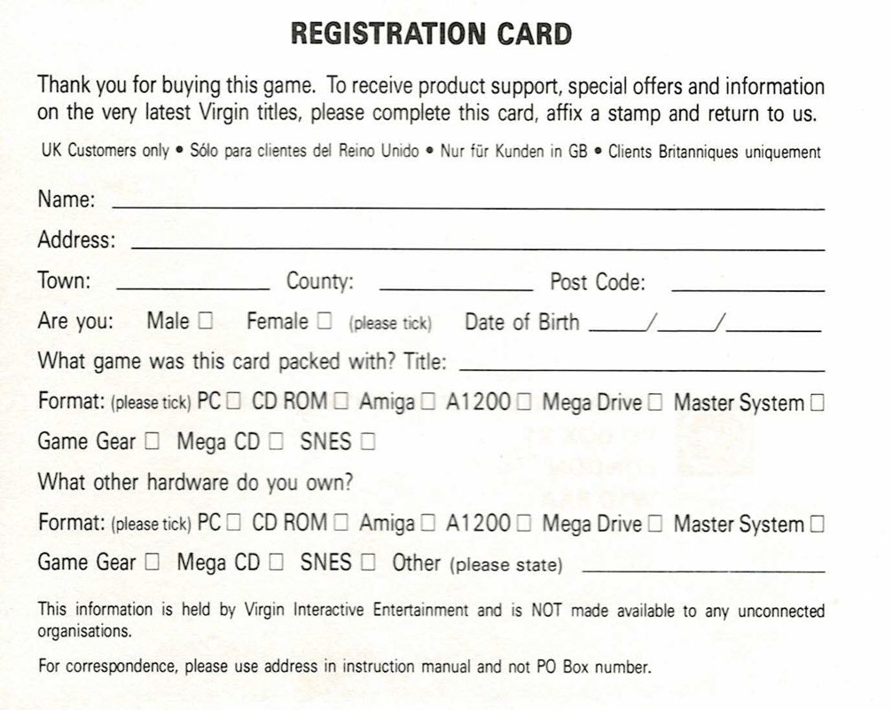 Extras for Command & Conquer (DOS): Registration Card - Back