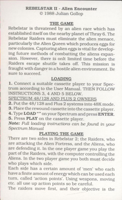 Inside Cover for Rebelstar II: Alien Encounter (ZX Spectrum)