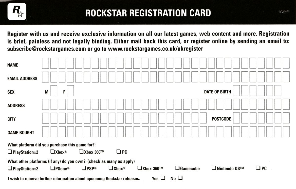 Extras for Manhunt 2 (PlayStation 2): Registration Card - Side B