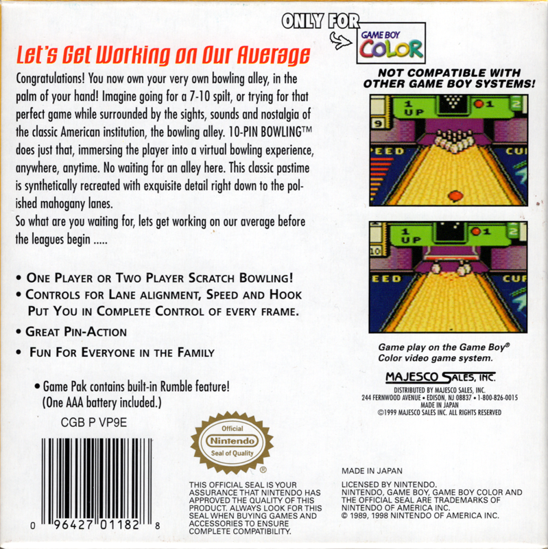 Back Cover for 10-Pin Bowling (Game Boy Color)