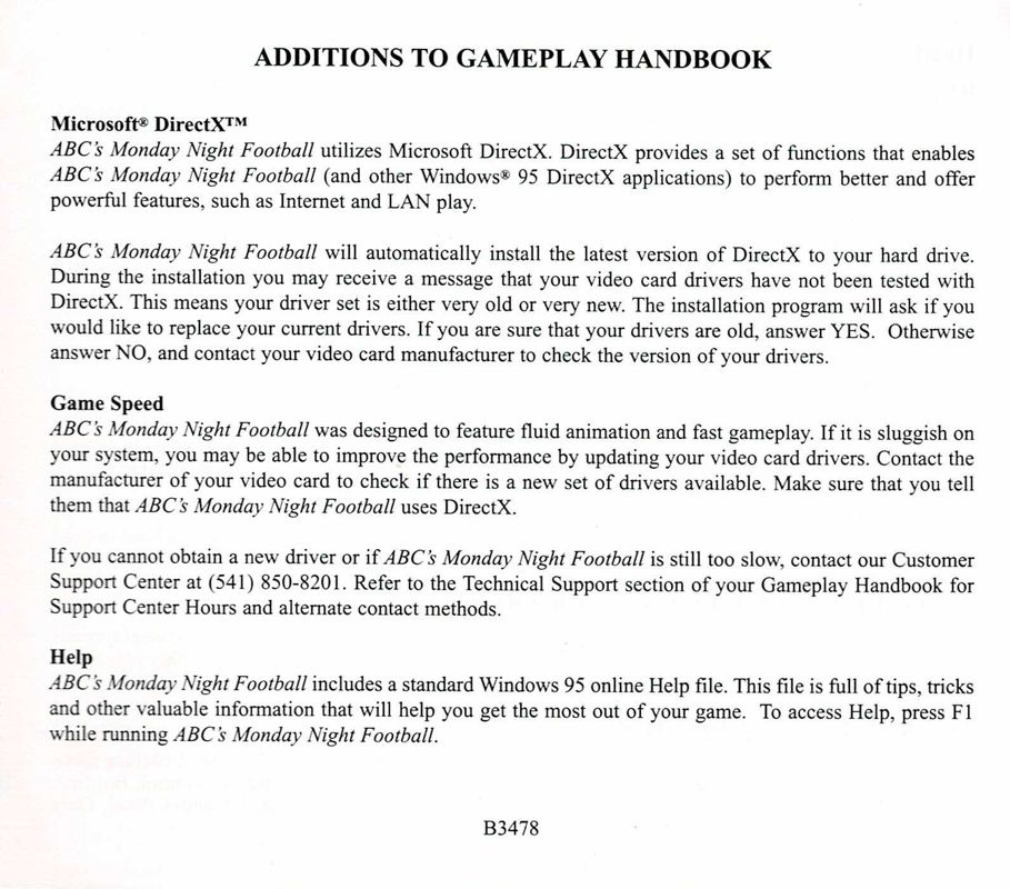 Manual for ABC Sports Monday Night Football (Windows): Manual Additions - Front