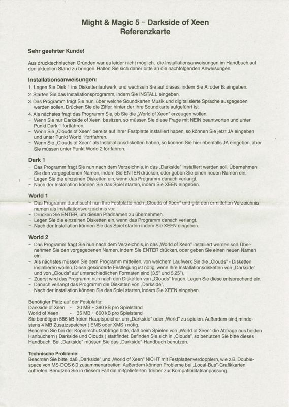 Manual for Might and Magic Trilogy (DOS): Might & Magic: Darkside of Xeen - Installation Reference Card