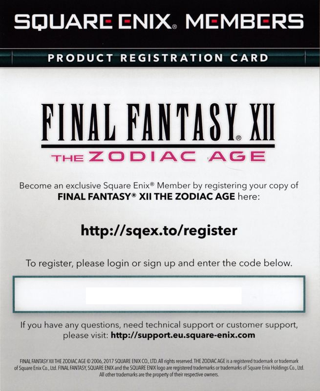 Extras for Final Fantasy XII: The Zodiac Age (Limited Steelbook Edition) (PlayStation 4): Registration Card - Front