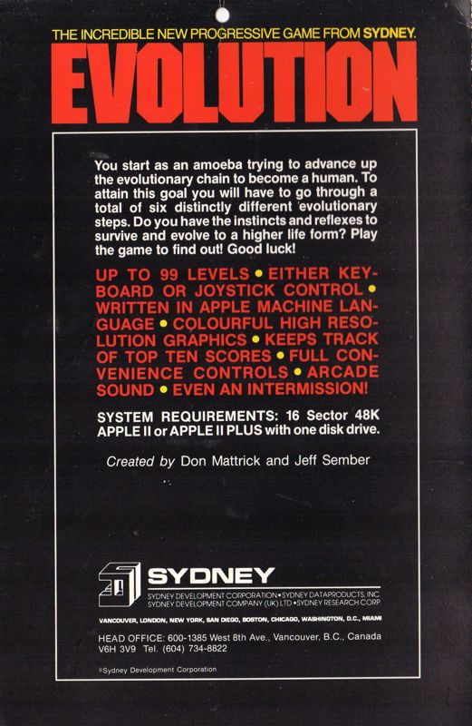 Back Cover for Evolution (Apple II)
