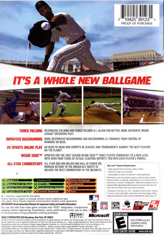Back Cover for Major League Baseball 2K7 (Xbox)