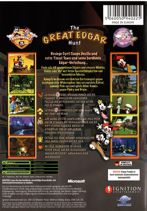 Back Cover for Animaniacs: The Great Edgar Hunt (Xbox)