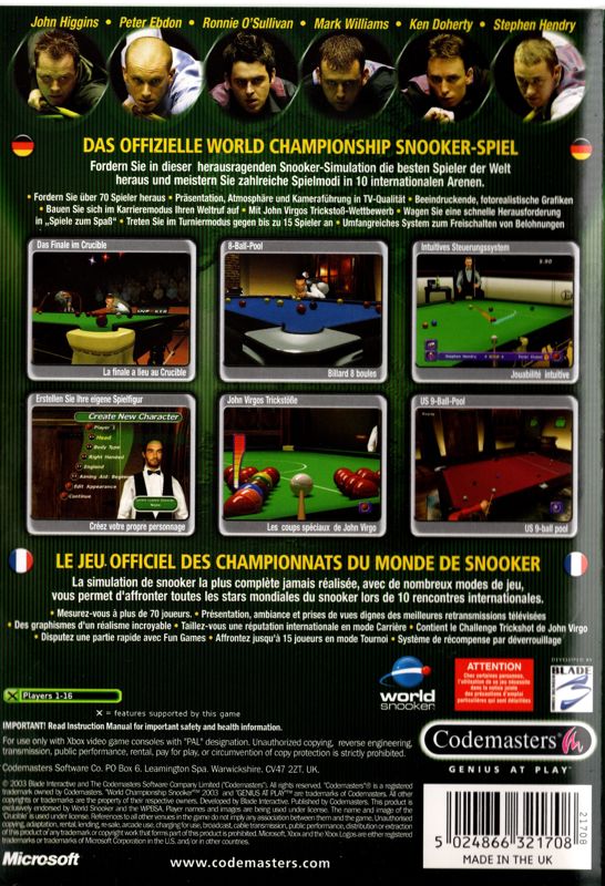 Back Cover for World Championship Snooker 2003 (Xbox)