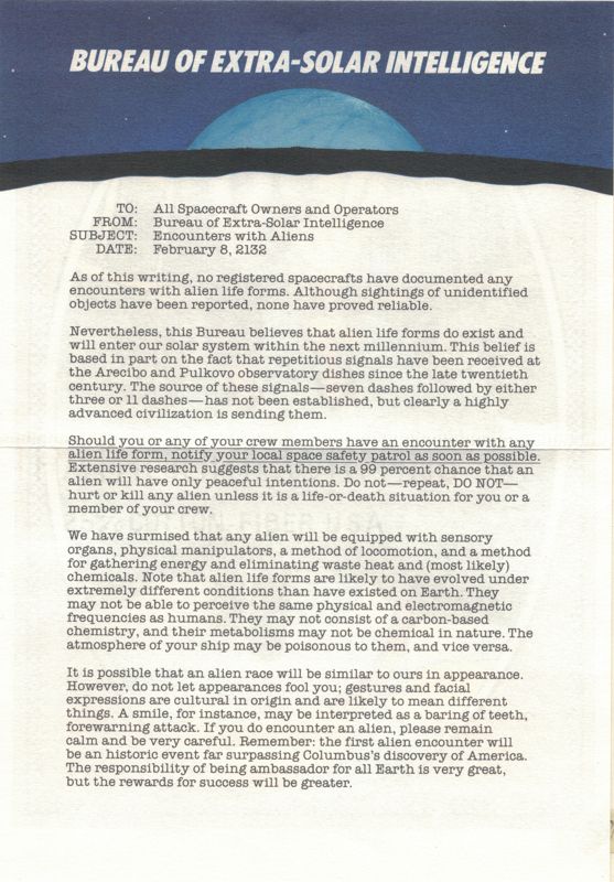 Extras for Starcross (DOS) (1985 Grey Box edition): A letter from Bureau of Extra-Solar Intelligence