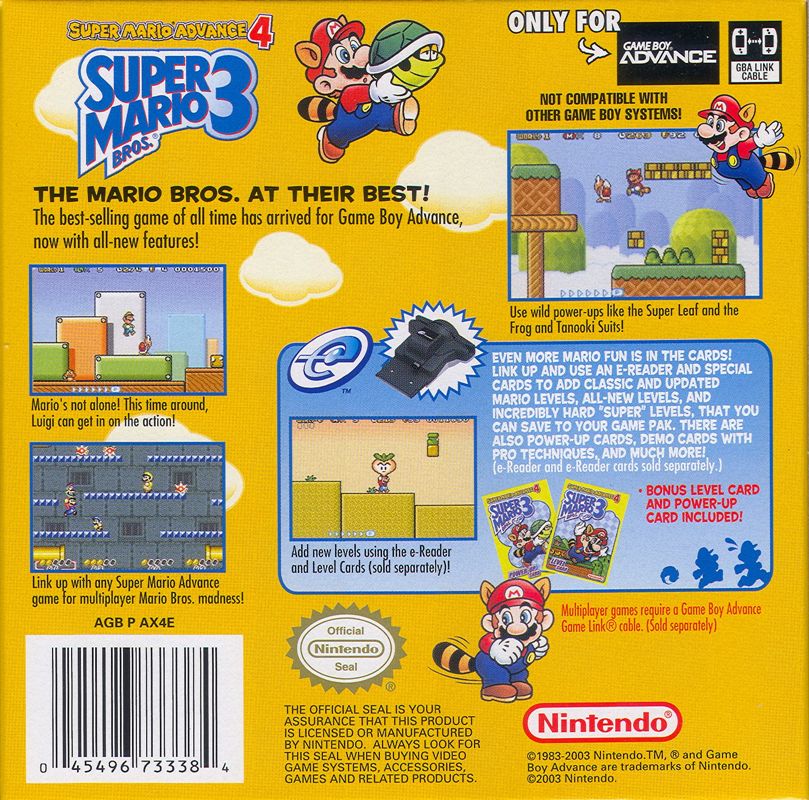 Back Cover for Super Mario Advance 4: Super Mario Bros. 3 (Game Boy Advance) (Single Bonus Level and Single Power-Up Card Included)