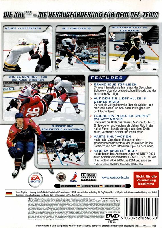Back Cover for NHL 2004 (PlayStation 2)