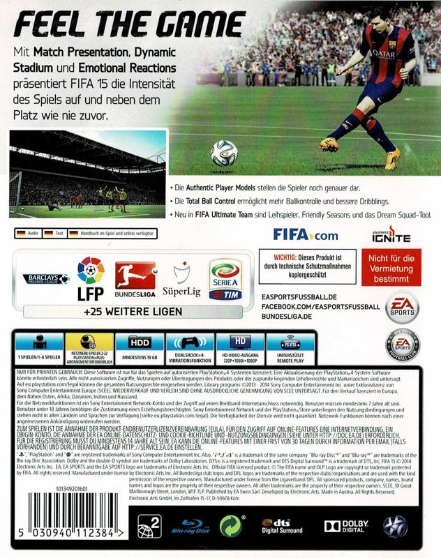 Back Cover for FIFA 15 (PlayStation 4)
