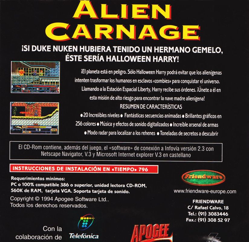 Back Cover for Alien Carnage (DOS) (Friendware/Telefonica release)