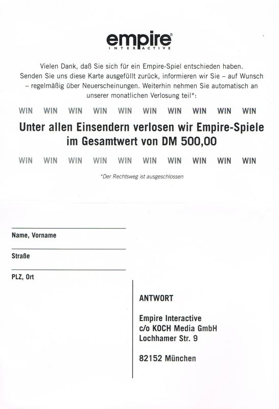 Extras for TalonSoft's West Front (Windows) (Hammer Preis! Release): Registration Card - Back