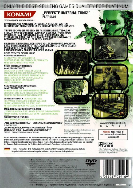 Back Cover for Metal Gear Solid 3: Snake Eater (PlayStation 2) (Platinum release - alternate)