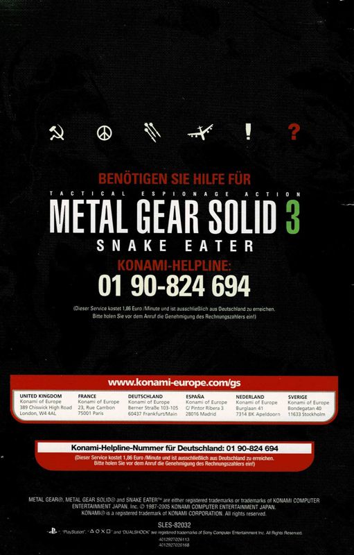 Manual for Metal Gear Solid 3: Snake Eater (PlayStation 2) (Platinum release - alternate): Back