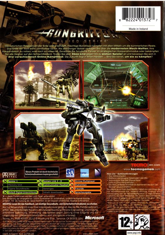 Back Cover for Gungriffon: Allied Strike (Xbox)