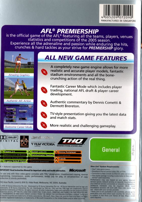 Back Cover for AFL Premiership 2005 (Xbox)