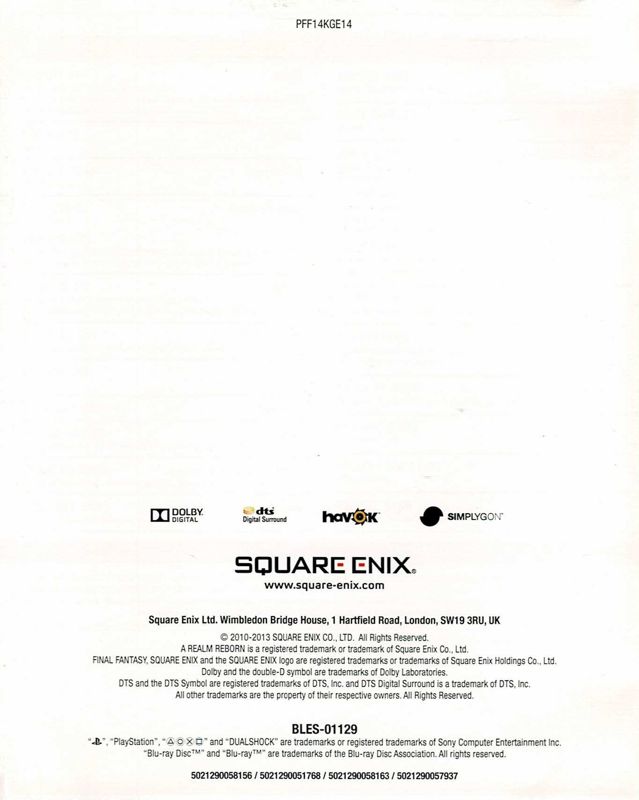 Manual for Final Fantasy XIV Online: A Realm Reborn (Collector's Edition) (PlayStation 3) (Bundle version): Back