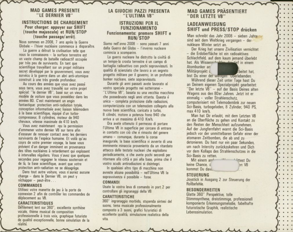 Inside Cover for The Last V8 (Commodore 64) (Alternate inside artwork)