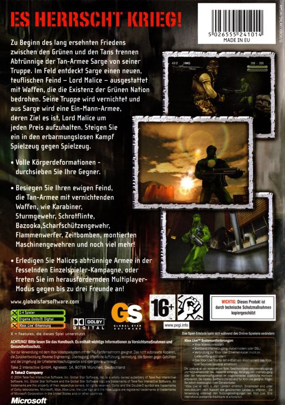 Back Cover for Army Men: Sarge's War (Xbox)