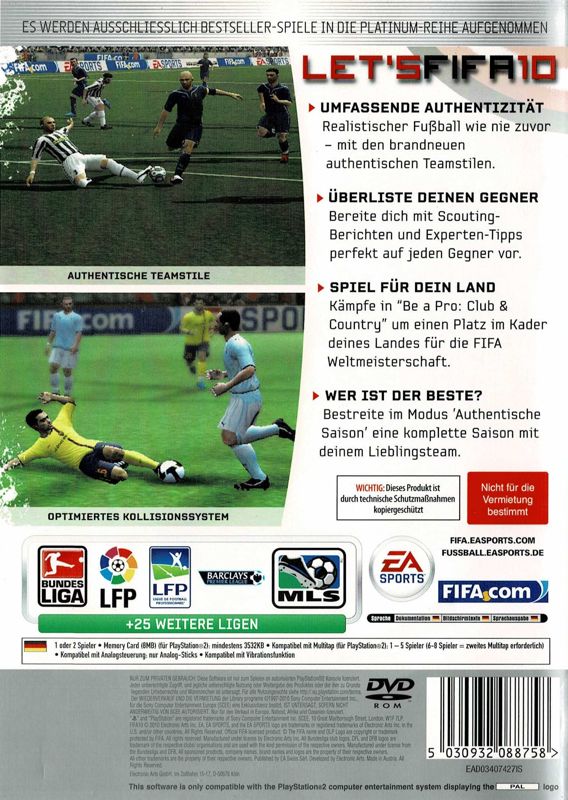 Back Cover for FIFA Soccer 10 (PlayStation 2) (Platinum release)