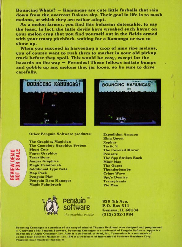 Back Cover for Bouncing Kamungas (Apple II) (Review release)