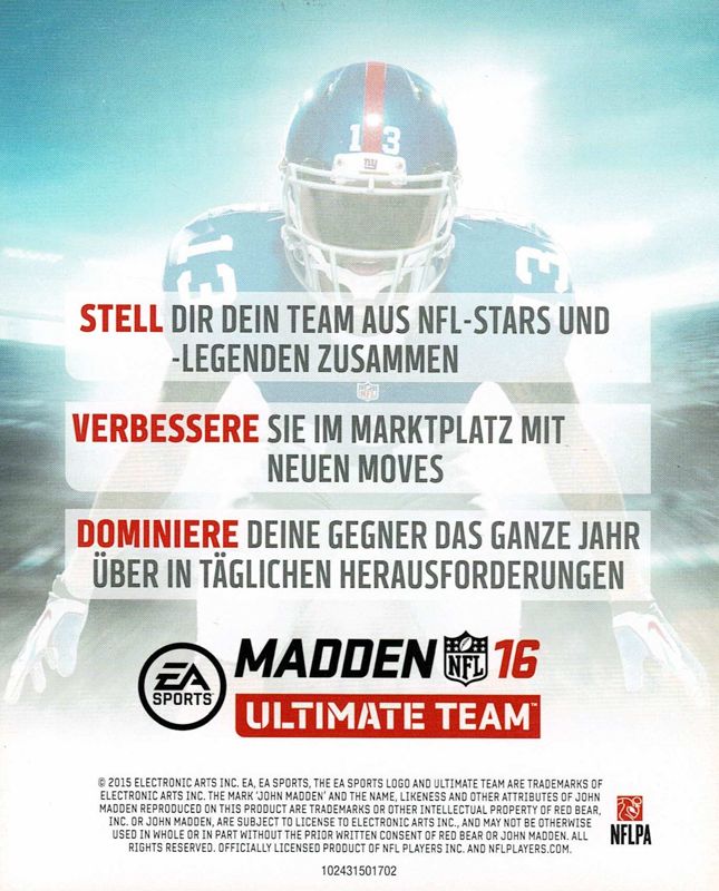 Advertisement for Madden NFL 16 (PlayStation 3): Back