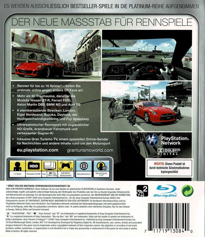 Back Cover for Gran Turismo 5: Prologue (PlayStation 3) (Platinum 2nd release)